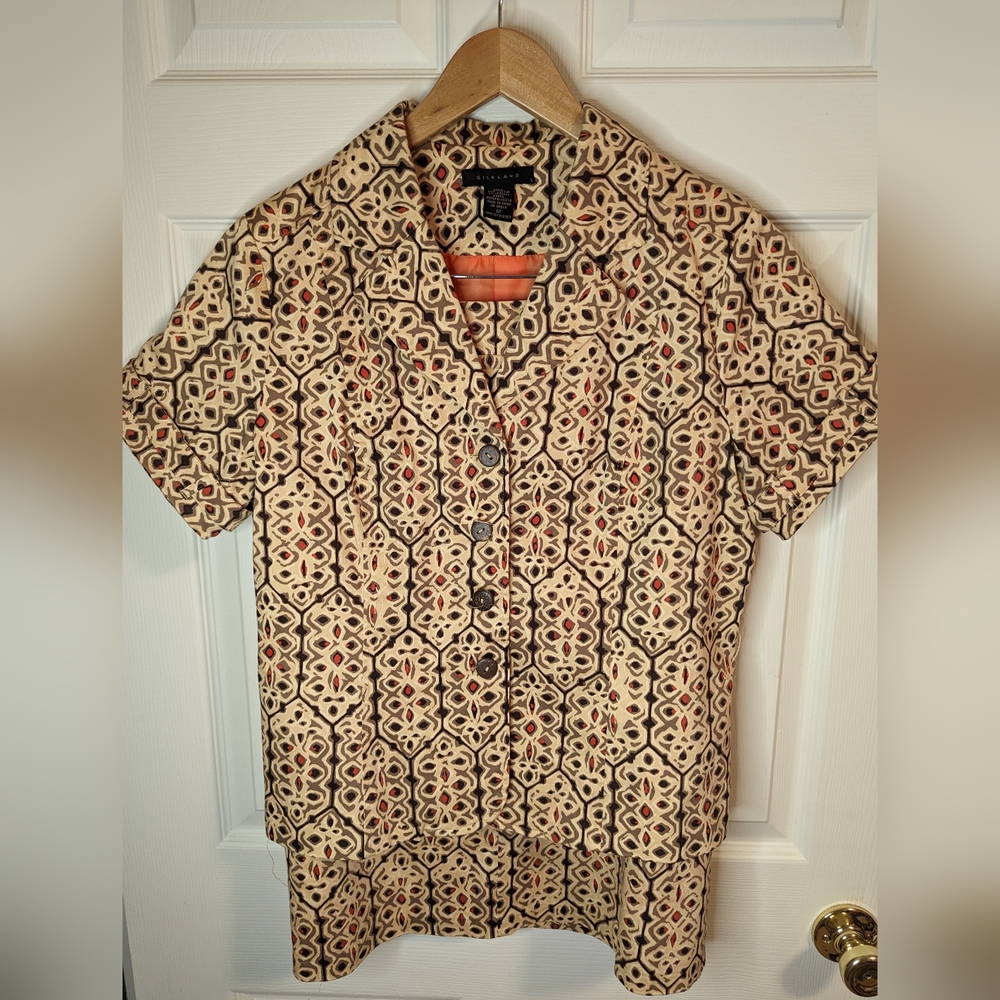 Silkland two piece jacket & skirt set brown tan black and orange size 12